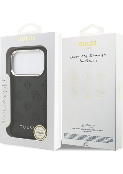 iPhone 17 Pro Kılıf Guess Lisanslı M-Safeli Sıcak Baskılı Klasik Yazı Logolu Pu Deri Peony Siyah