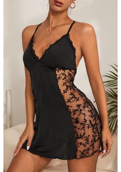 Kadın Siyah Çapraz Sırt Dekolteli Transparan Dantel Gecelik fırsatları