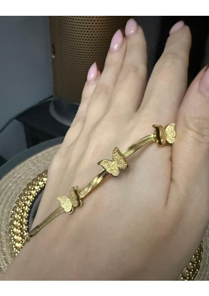 Altın Renk Zarif ve Şık Tasarım Ezme Italyan Zincirli Kelebek Stil Çelik Bileklik-Altın Rengi Kelebek Detaylı Yılan Zincir Bileklik modelleri