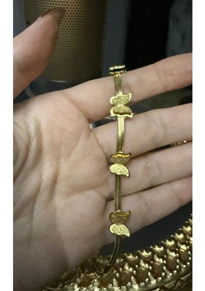 Altın Renk Zarif ve Şık Tasarım Ezme Italyan Zincirli Kelebek Stil Çelik Bileklik-Altın Rengi Kelebek Detaylı Yılan Zincir Bileklik indirimleri