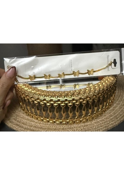 Altın Renk Zarif ve Şık Tasarım Ezme Italyan Zincirli Kelebek Stil Çelik Bileklik-Altın Rengi Kelebek Detaylı Yılan Zincir Bileklik