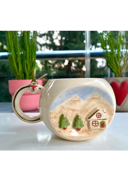 El Yapımı Seramik Gerçek 24K Altın Dekorlu Yılbaşı Temalı 4 Kupa