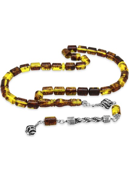 Kararmaz Metal Halat Püsküllü Kapsül Kesim Sarı - Siyah Fosilli Beyrut Kehribar Tesbih