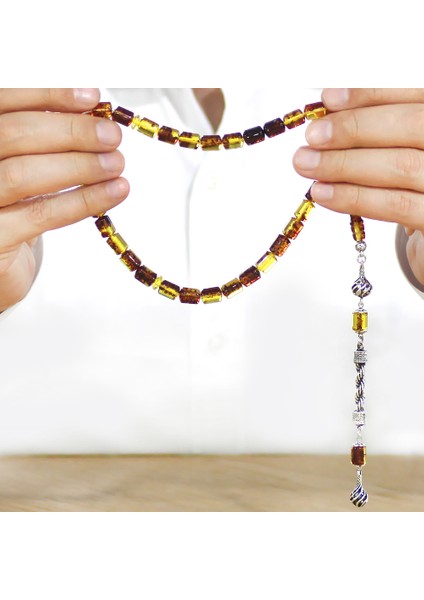 Kararmaz Metal Halat Püsküllü Kapsül Kesim Sarı - Siyah Fosilli Beyrut Kehribar Tesbih modelleri