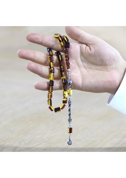 Kararmaz Metal Halat Püsküllü Kapsül Kesim Sarı - Siyah Fosilli Beyrut Kehribar Tesbih fırsatları