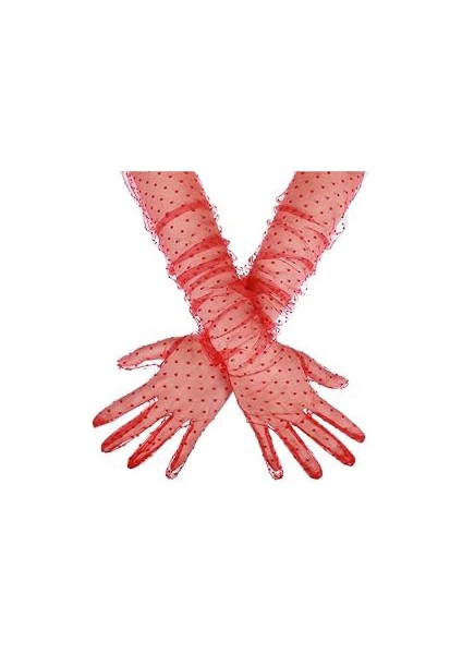 Uzun Boy Kırmızı Puantiyeli Kırmızı Renk Yetişkin Tül Eldiven 55 cm - Lisinya