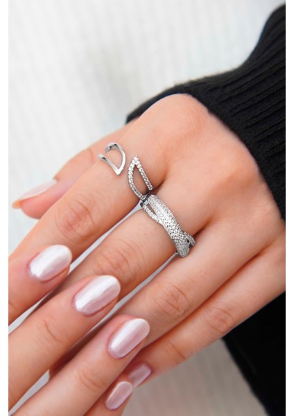 Işıltılı Zirkon Taşlı Kadın 2'li Gümüş Yüzük Set– Ayarlanabilir Model fiyatları