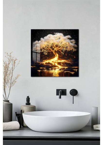 3D Görünümlü Temperli Cam Tablo – Işıltılı Hayat Ağacı Uv Baskı 33X33 CM-CKT024
