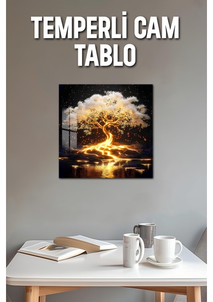 3D Görünümlü Temperli Cam Tablo – Işıltılı Hayat Ağacı Uv Baskı 33X33 CM-CKT024 modelleri