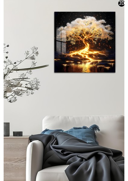 3D Görünümlü Temperli Cam Tablo – Işıltılı Hayat Ağacı Uv Baskı 33X33 CM-CKT024