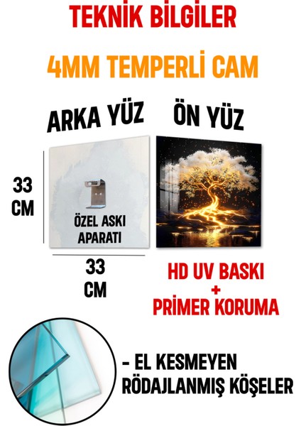 3D Görünümlü Temperli Cam Tablo – Işıltılı Hayat Ağacı Uv Baskı 33X33 CM-CKT024