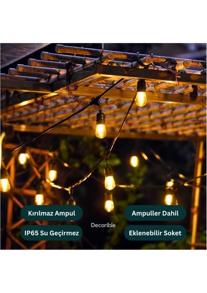 Rustika Kırılmaz Ampul Dış Mekan Bahçe Aydınlatması Su Geçirmez 10 Metre 10 Duylu