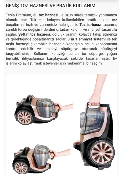 Turbo Başlıklı Premium Torbasız Süpürge, Hepa 13 Alerjik Filtreli Ultra Sessiz, 3l Geniş Hazne 750W fırsatları