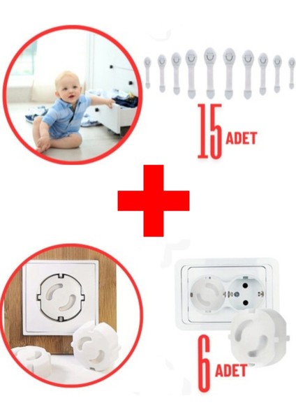 15 Adet Bebek Çocuk Güvenlik Dolap ve Çekmece Kilidi Çok Amaçlı Çocuk Kilit 6 Adet Priz Kapatıcı