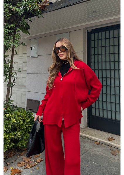 Kırmızı Fermuarlı Kapüşonlu Triko Takım - 0511 fiyatları