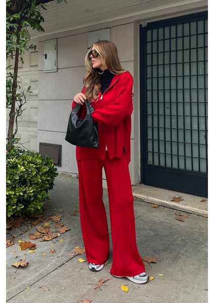 Kırmızı Fermuarlı Kapüşonlu Triko Takım - 0511 modelleri