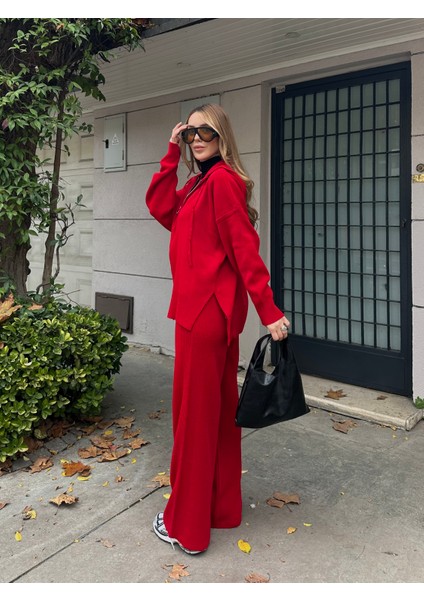 Kırmızı Fermuarlı Kapüşonlu Triko Takım - 0511 fırsatları