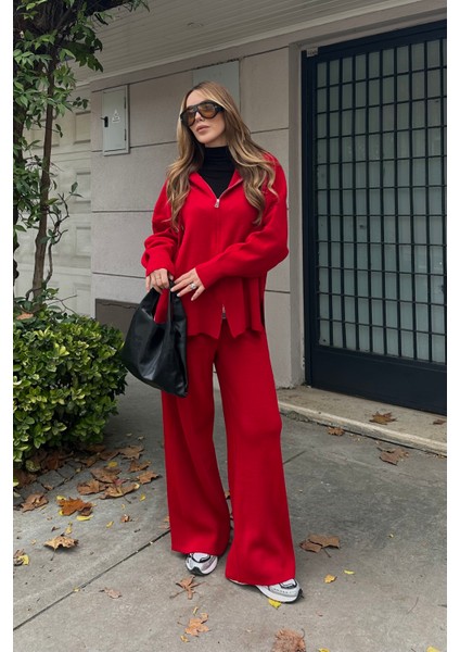 Kırmızı Fermuarlı Kapüşonlu Triko Takım - 0511 indirimleri