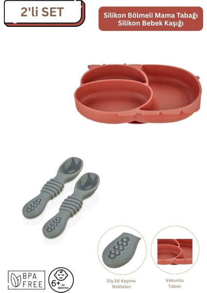 2'li Silikon Bebek Beslenme Seti / Bölmeli Mama Tabağı / Mama Kaşığı - Kiremit Rengi