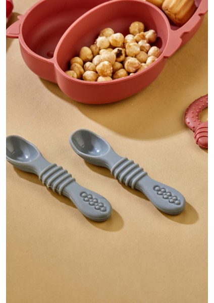 2'li Silikon Bebek Beslenme Seti / Bölmeli Mama Tabağı / Mama Kaşığı - Kiremit Rengi modelleri