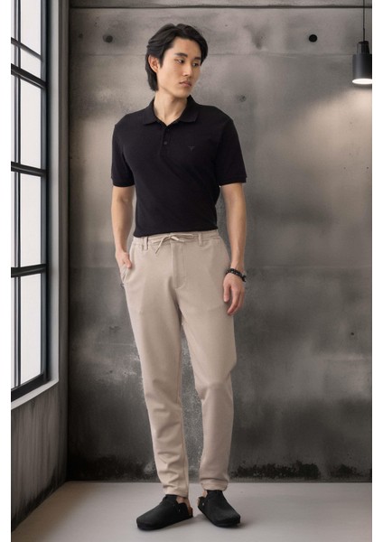 Akira Örme Pike Kumaş Beli Lastikli Fermuarlı Erkek Pantolon - Bej