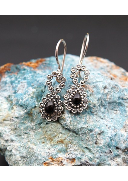 925 Ayar Gümüş Oltu Taşı Kadın Küpe SKÜ00017