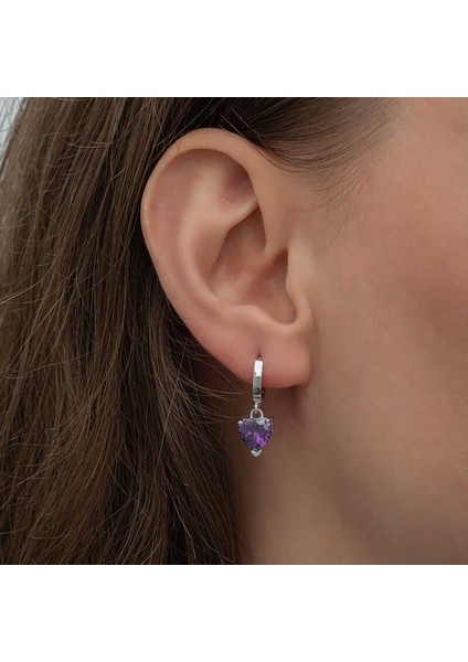 Gümüş Mor Taşlı Kalpli Kadın Küpe fiyatları