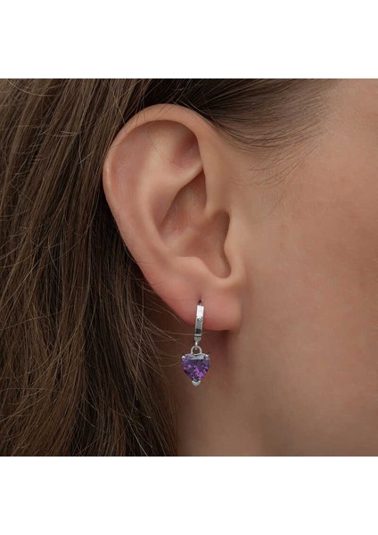 Gümüş Mor Taşlı Kalpli Kadın Küpe indirimleri