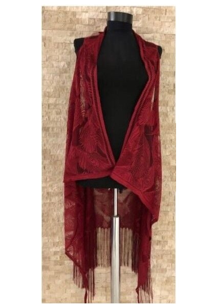 Pareo Dantel Yelek Mayo Bikini Üzeri Yaprak Desenli Püsküllü Plaj Elbisesi - Bordo fiyatları