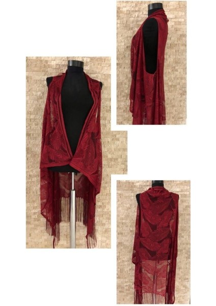 Pareo Dantel Yelek Mayo Bikini Üzeri Yaprak Desenli Püsküllü Plaj Elbisesi - Bordo fırsatları