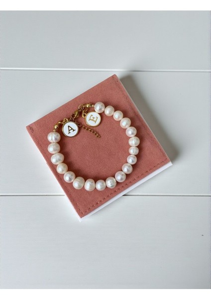 Sertifikalı Gerçek Doğal Beyaz Inci Kadın Bileklik Harf Charmlı 8 mm