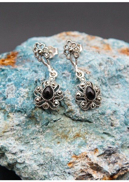 925 Ayar Gümüş Oltu Taşı Kadın Küpe SKÜ00028