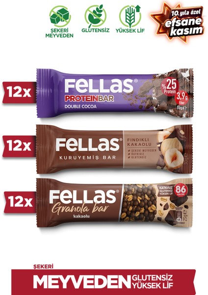 Duble Kakao Protein Bar 32G x 12 Adet + Fındık Kakao Kuruyemiş BAR 30G x 12 Adet + Granola Bar Kakao 23G x 12 Adet