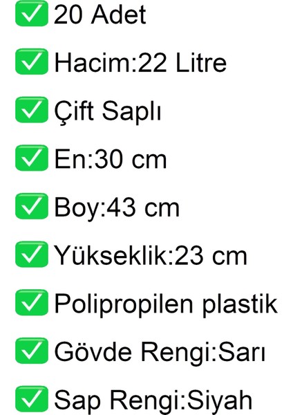 Plastik Market Alışveriş El Sepeti 22 Litre Sarı 20 Adet fiyatları