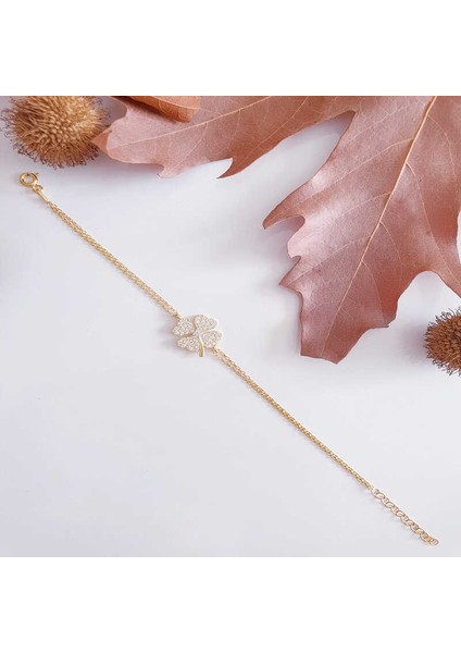 Gümüş Gold Kalpli Yonca Kadın Bileklik