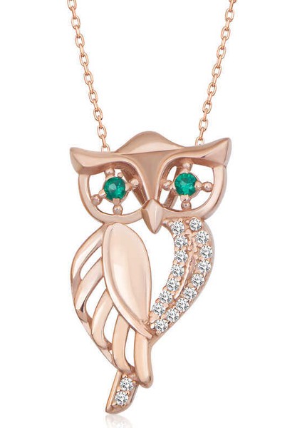 ​Gümüş Rose Yeşil Gözlü Baykuş Kadın Kolye