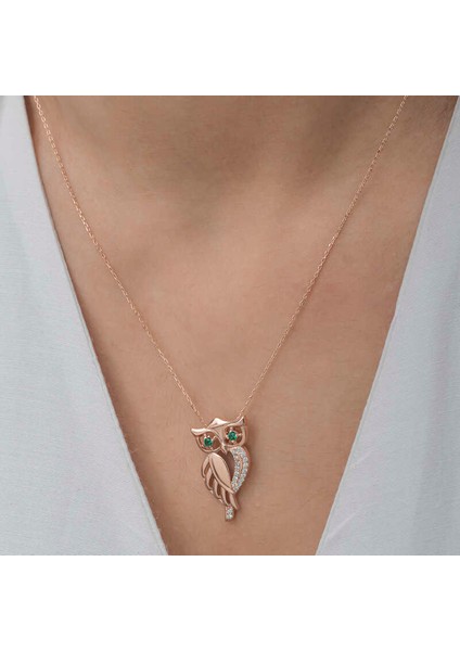 ​Gümüş Rose Yeşil Gözlü Baykuş Kadın Kolye