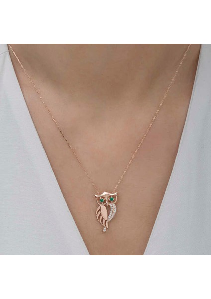 ​Gümüş Rose Yeşil Gözlü Baykuş Kadın Kolye