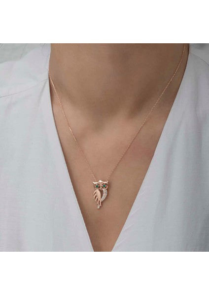 ​Gümüş Rose Yeşil Gözlü Baykuş Kadın Kolye