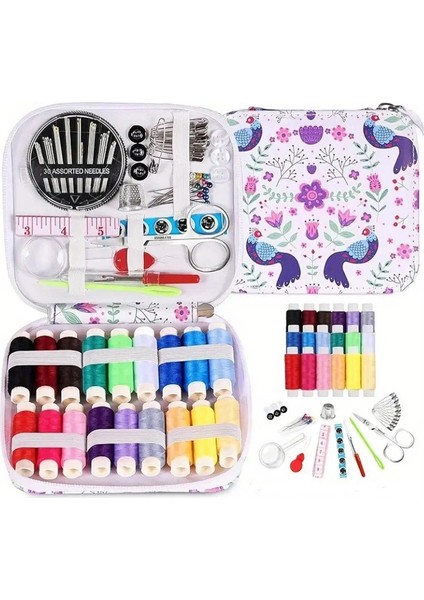 Dikiş Seti - Fermuarlı Çiçekli Seyahat- Yolculuk Için Taşınabilir Çeyiz Dikiş Kutusu
