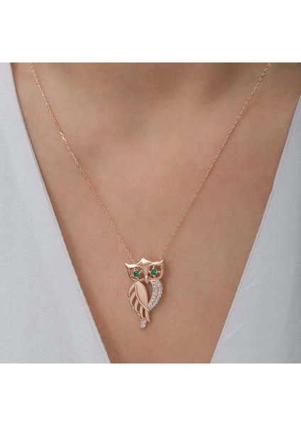​Gümüş Rose Yeşil Gözlü Baykuş Kadın Kolye