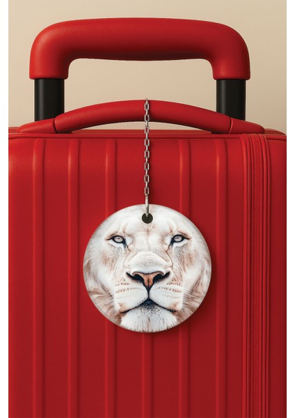 Desenli Baskılı Pleksi Zincir Aparatlı Bavul Etiketi Valiz Etiketi Beyaz Aslan