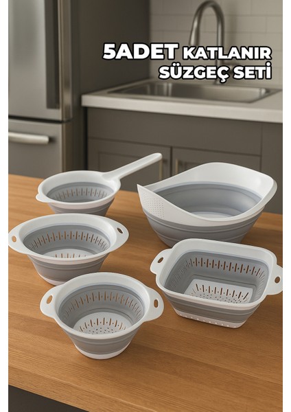 5'li Akordiyon Süzgeç Seti - Pirinç, Oval, Yuvarlak, Saplı, Kare Süzgeç - Katlanır Süzgeç Seti