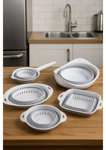 5'li Akordiyon Süzgeç Seti - Pirinç, Oval, Yuvarlak, Saplı, Kare Süzgeç - Katlanır Süzgeç Seti fiyatları