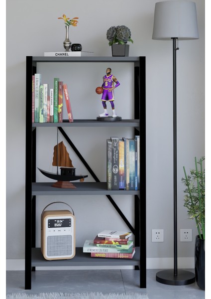 4 Katlı Metal Çerçeveli Kitaplık, Dekoratif Raf Ünitesi, Modern Salon ve Ofis Rafı Destekli