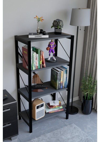 4 Katlı Metal Çerçeveli Kitaplık, Dekoratif Raf Ünitesi, Modern Salon ve Ofis Rafı Destekli fiyatları