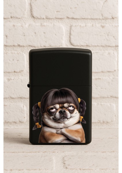 Uv Baskılı Desenli Metal Benzinli Siyah Çakmak Cep Çakmağı - Çirkin Pug