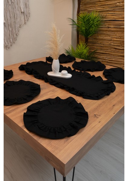 Lira | Siyah 7 Parça Çift Fırfırlı Sofra Sunum Seti 40 x 150 modelleri