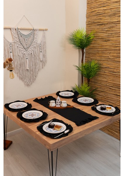 Llira | Siyah 7 Parça Çift Fırfırlı Sofra Sunum Seti 40 x 150