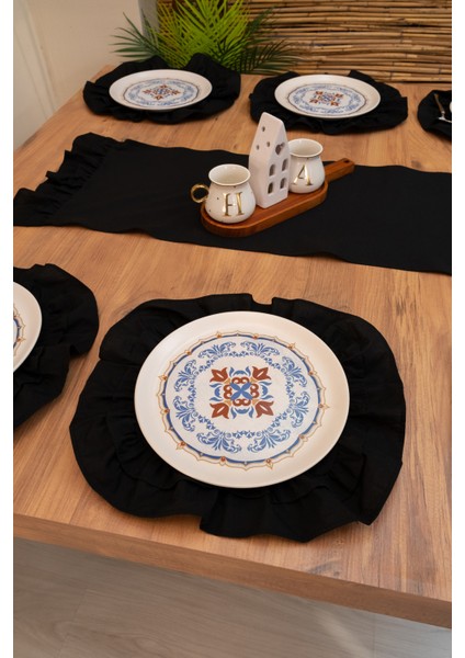 Llira | Siyah 7 Parça Çift Fırfırlı Sofra Sunum Seti 40 x 150